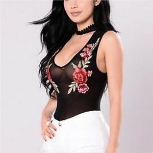 Fashion Nova Black Mesh Bodysuit with Lace Choker